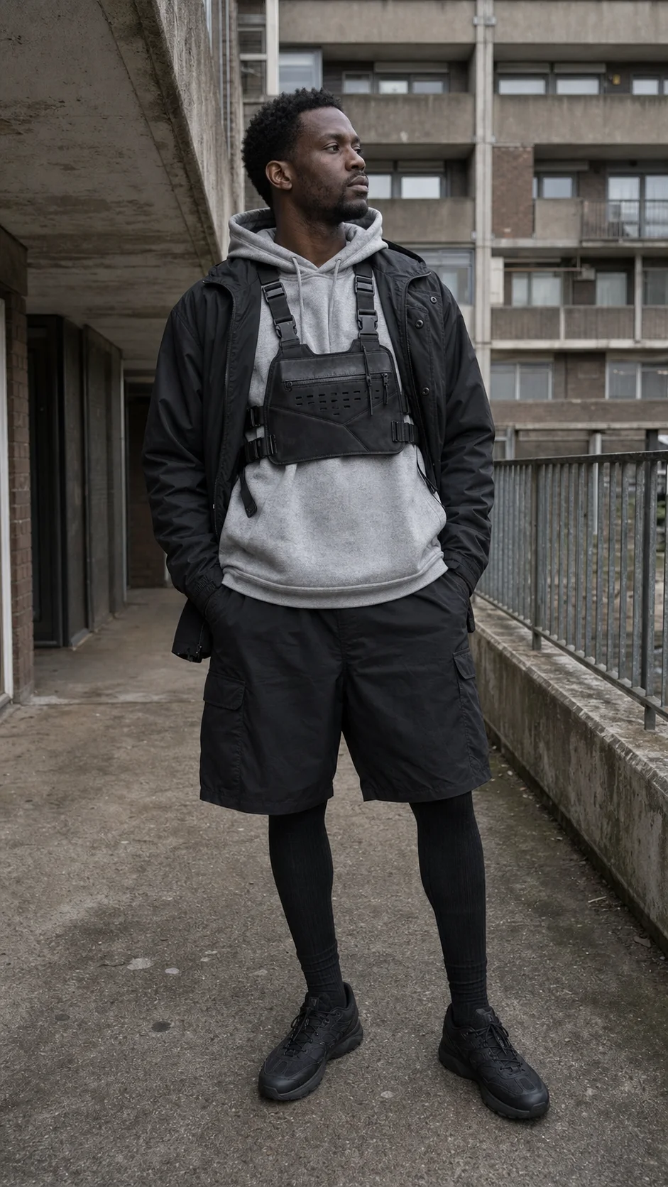 London brutalist estate styling image showing the Clothixpack CXP-A105 Tension Chest Rig over a grey hoodie with black cargo shorts.