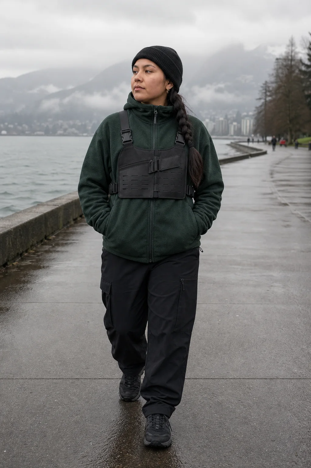 Vancouver seawall styling image showing the Clothixpack CXP-A105 Tension Chest Rig over a forest green fleece and black shell pants.