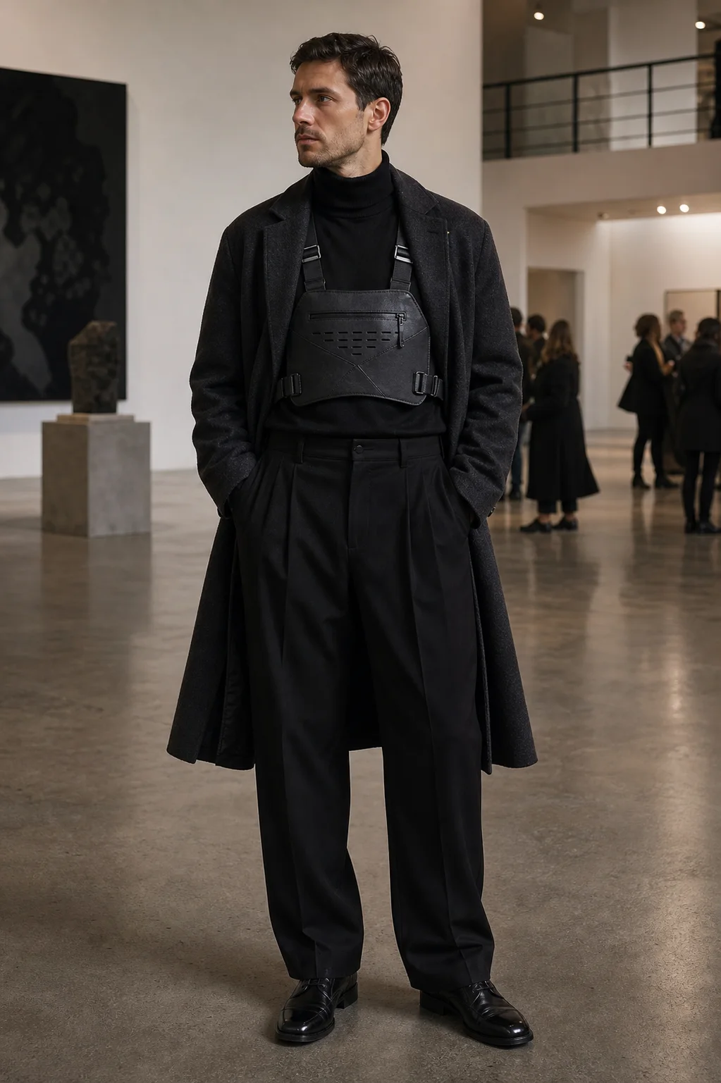 Paris museum lobby styling image showing the Clothixpack CXP-A105 Tension Chest Rig over a black turtleneck, long charcoal coat, and pleated trousers.