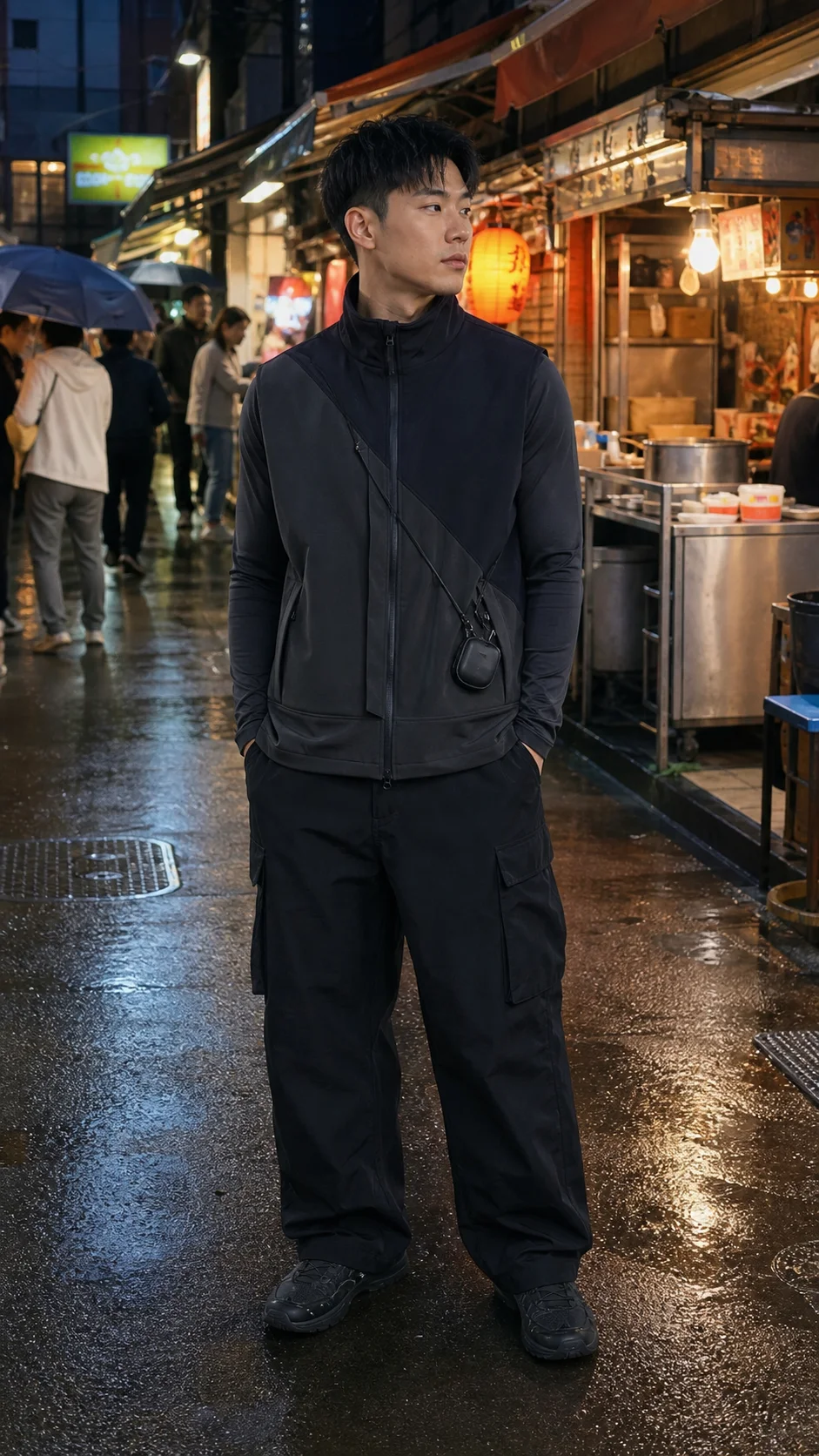 Taipei rainy alley styling image showing the Clothixpack CXP-A106 Kilo Waterproof Vest over a charcoal base layer with black cargo trousers.