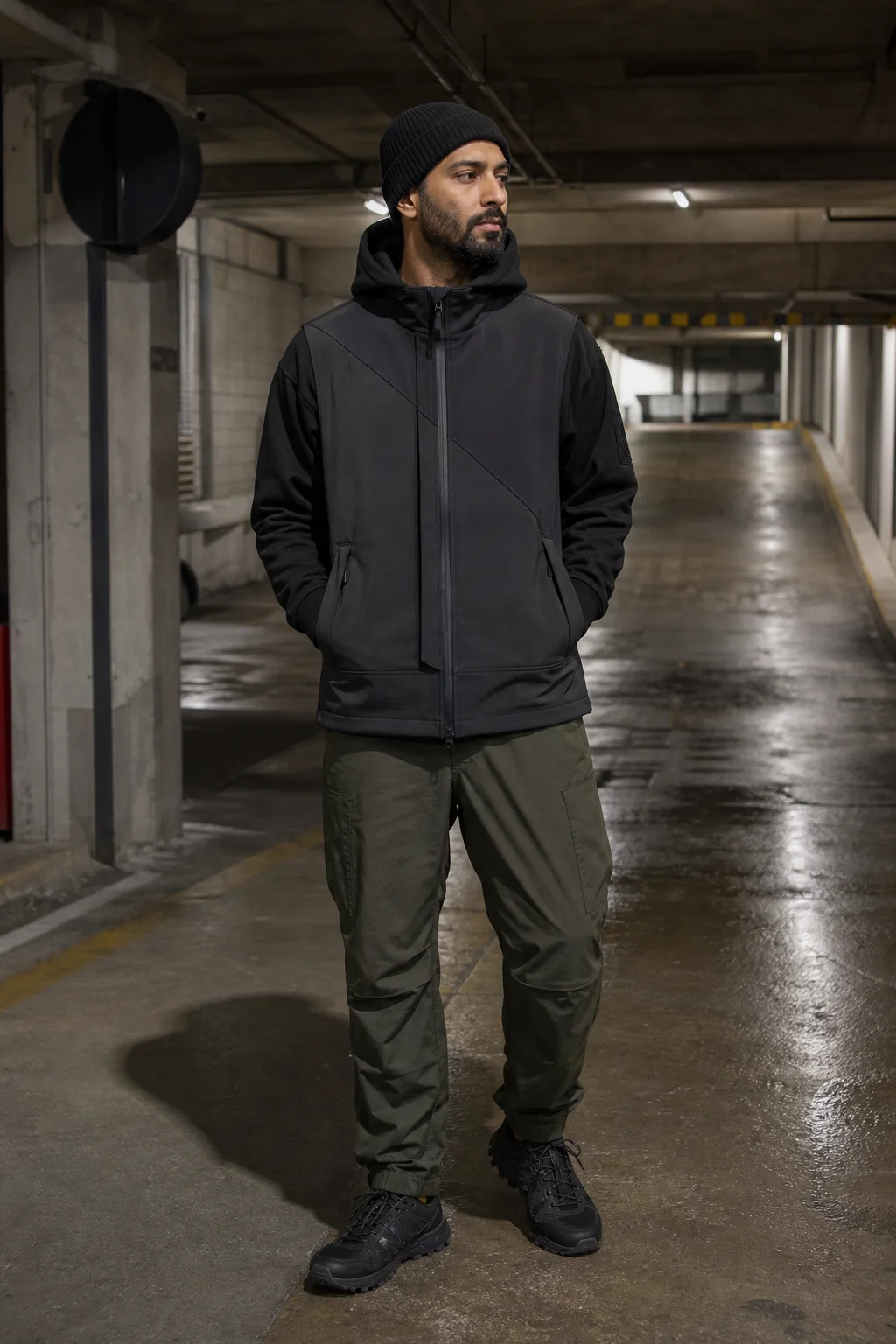 Toronto parking entrance styling image showing the Clothixpack CXP-A106 Kilo Waterproof Vest over a black hoodie with olive cargo pants.
