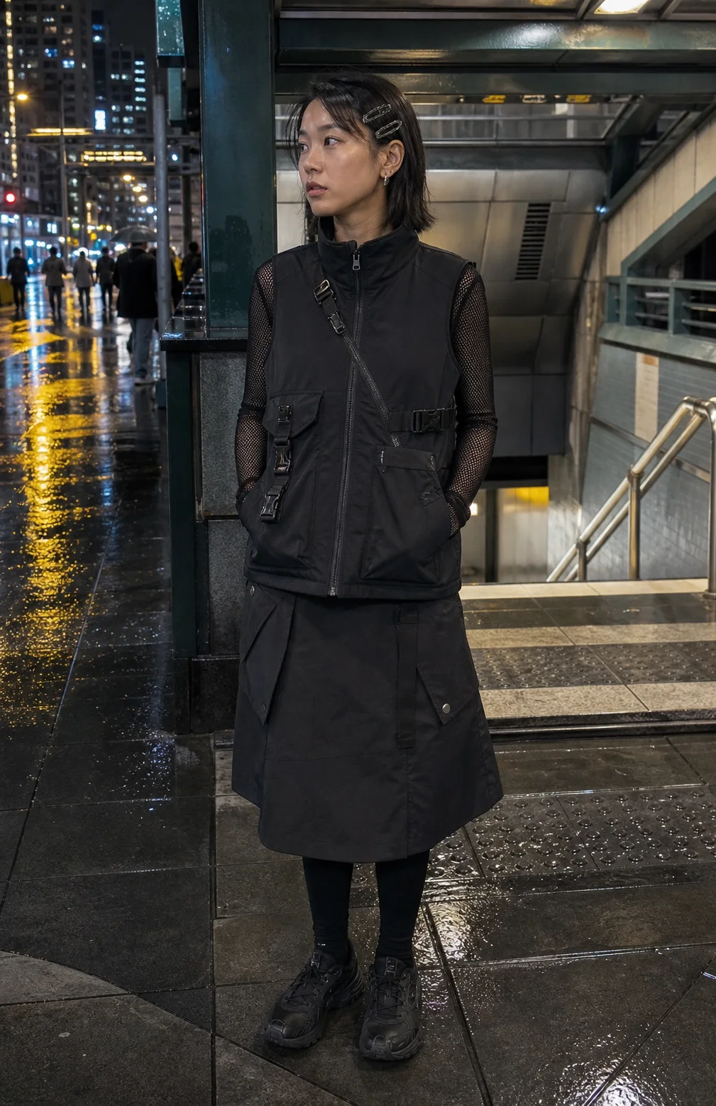 Hong Kong MTR exit styling image showing the Clothixpack CXP-A107 Sling Waterproof Vest over a mesh base with a black cargo skirt.