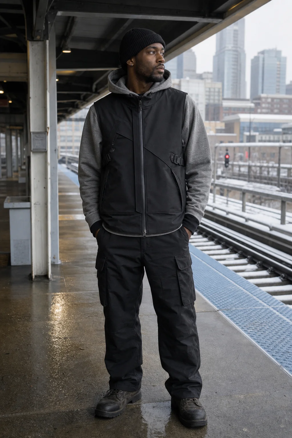 Chicago train platform styling image showing the Clothixpack CXP-A107 Sling Waterproof Vest over a grey hoodie and black cargo pants.