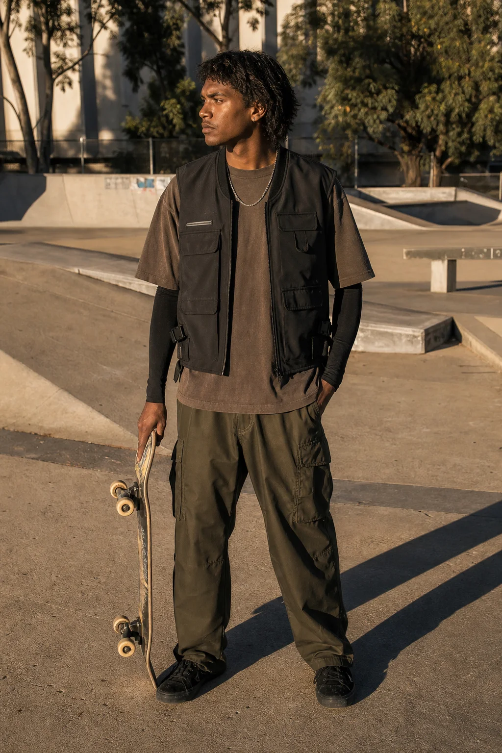 Melbourne skate spot styling image showing the Clothixpack CXP-A107 Sling Waterproof Vest over a faded brown tee with olive cargo pants.