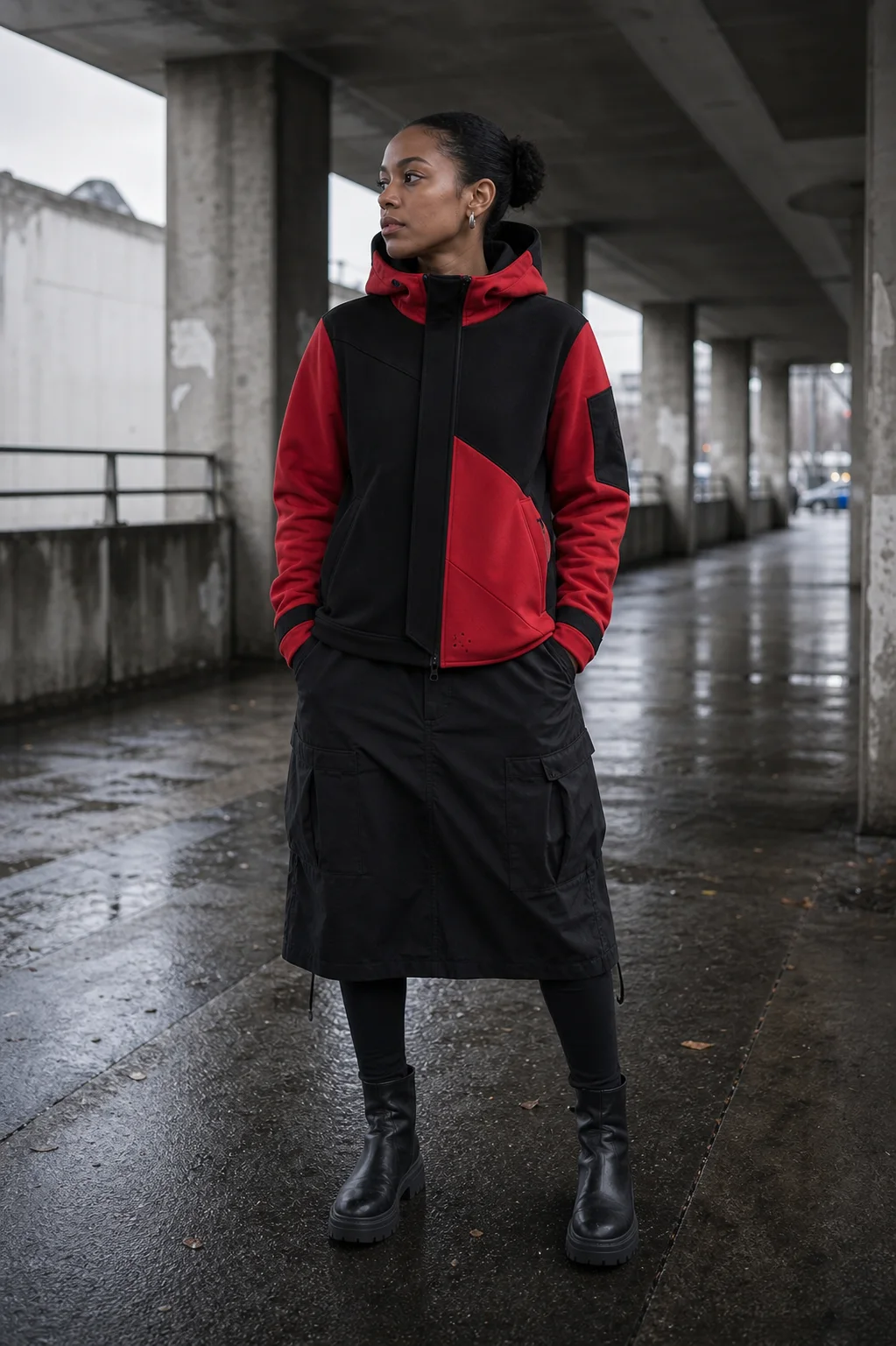 London concrete underpass styling image showing the Clothixpack CXP-H105 Apex Technical Hoodie with a black waterproof cargo skirt.