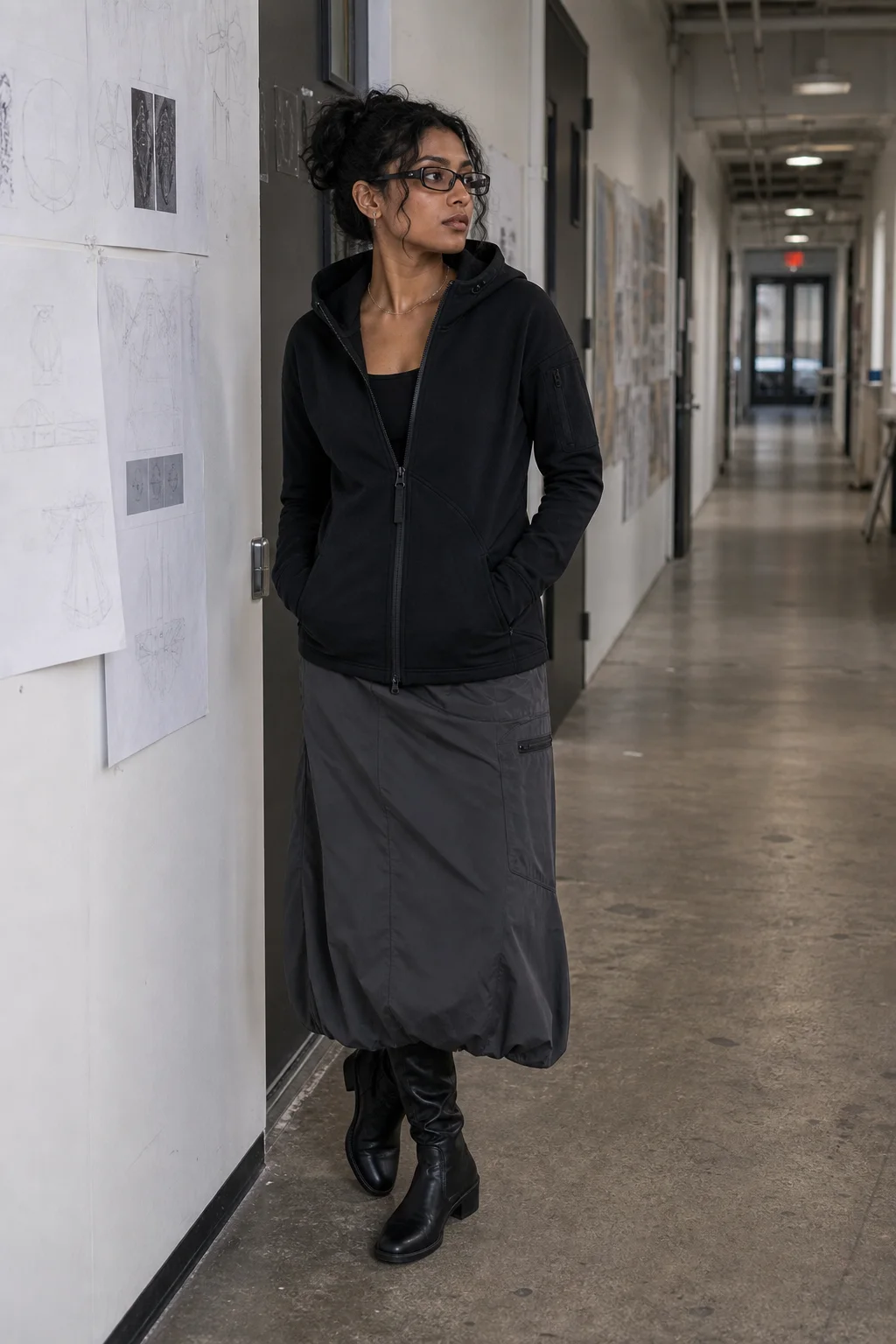 Toronto art-school hallway styling image showing the Clothixpack CXP-H107 Arc Zip Hoodie with a grey technical maxi skirt.