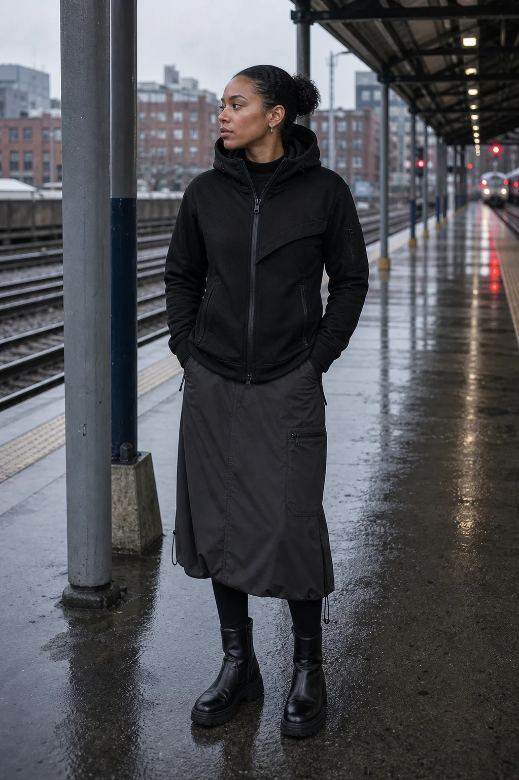 London rainy train platform styling image showing the Clothixpack CXP-H108 Fold Zip Hoodie with a charcoal cargo skirt and lug boots.