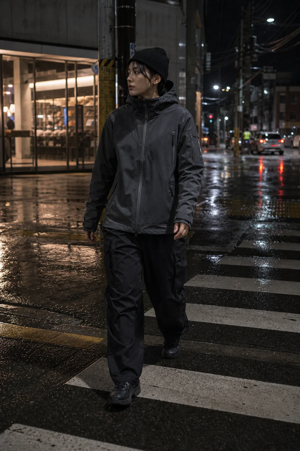Seoul rainy street styling image showing the Clothixpack CXP-J101 Strata Hardshell Jacket with black cargo pants and waterproof sneakers.