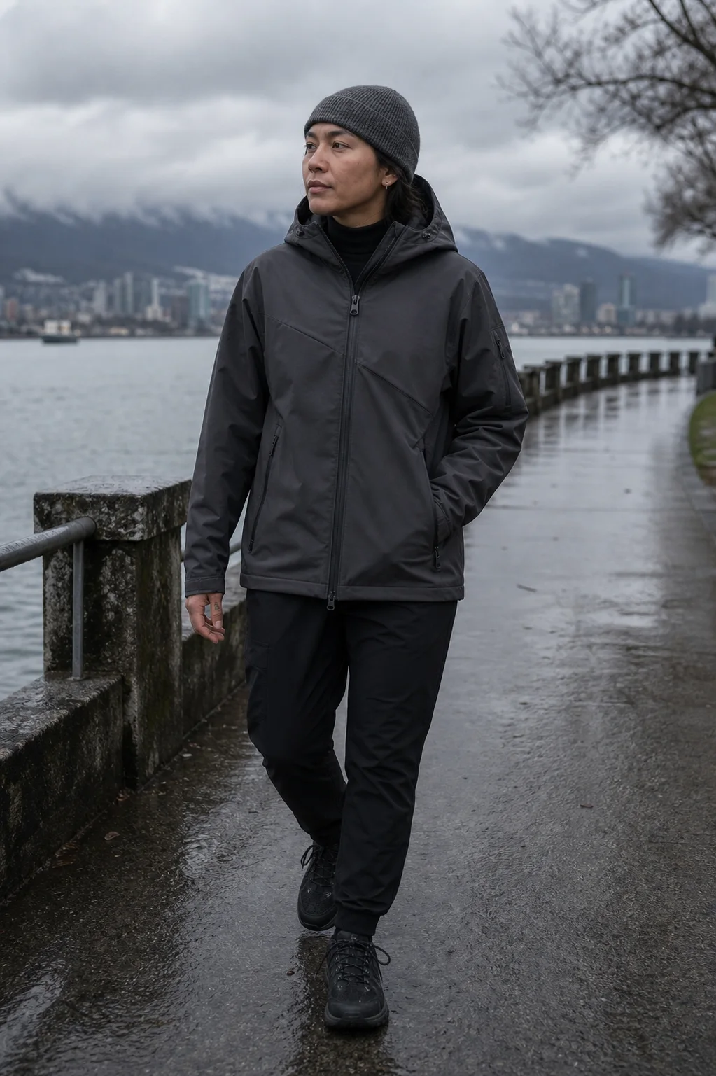 Vancouver seawall styling image showing the Clothixpack CXP-J101 Strata Hardshell Jacket over a black mock neck with shell pants.