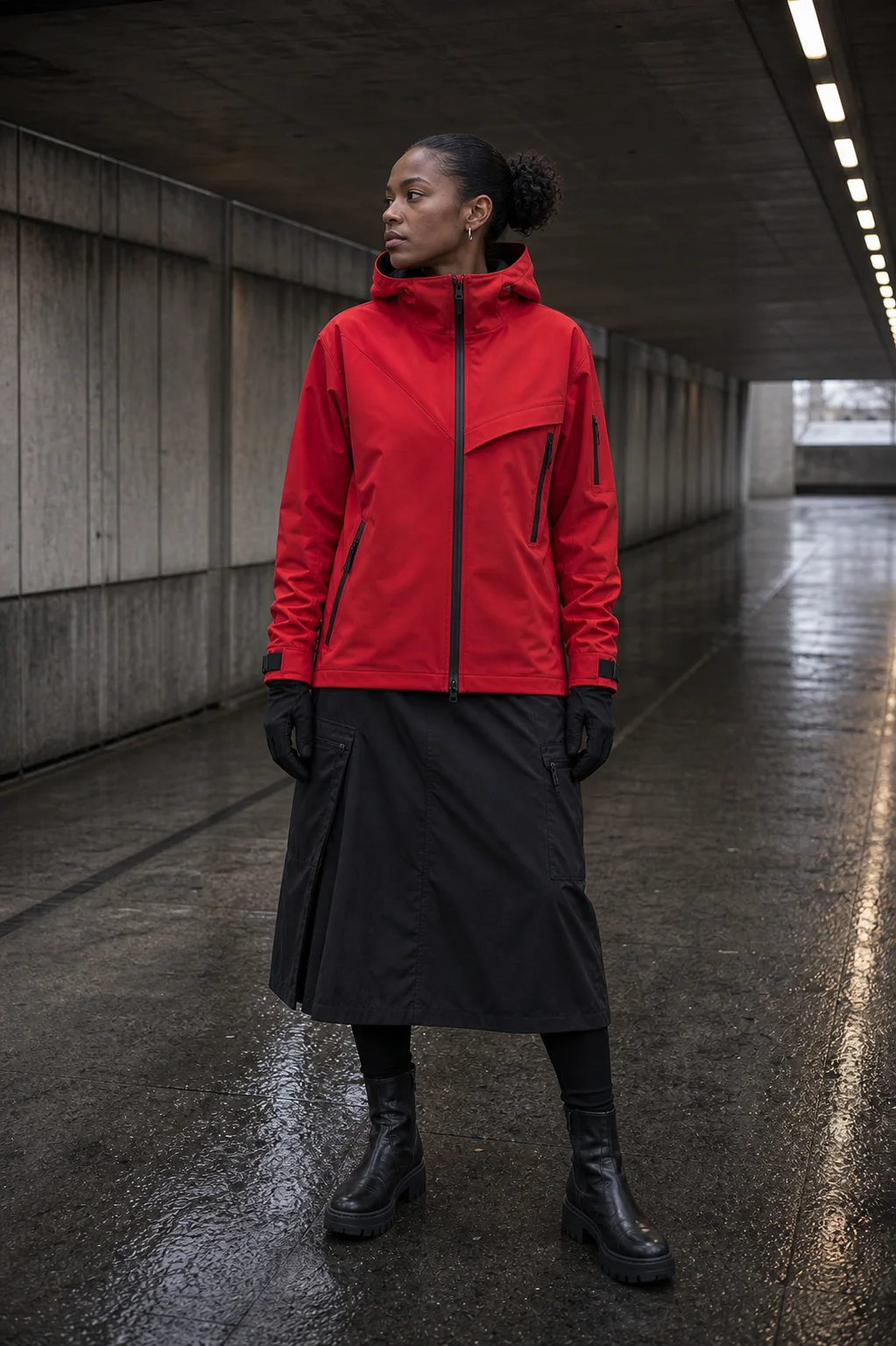 London brutalist tunnel styling image showing the Clothixpack CXP-J102 Axis Hardshell Jacket with a black waterproof cargo skirt.