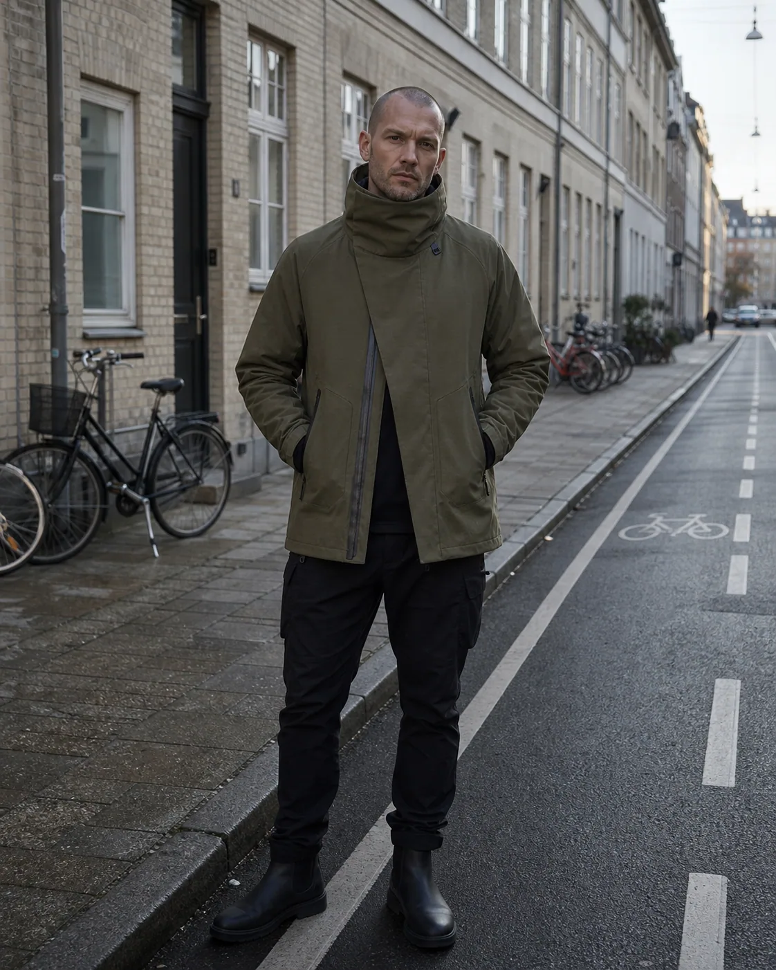 Copenhagen bike-lane styling image showing the olive Clothixpack CXP-J111 Pilot Hardshell Jacket with slim technical trousers and waterproof boots.