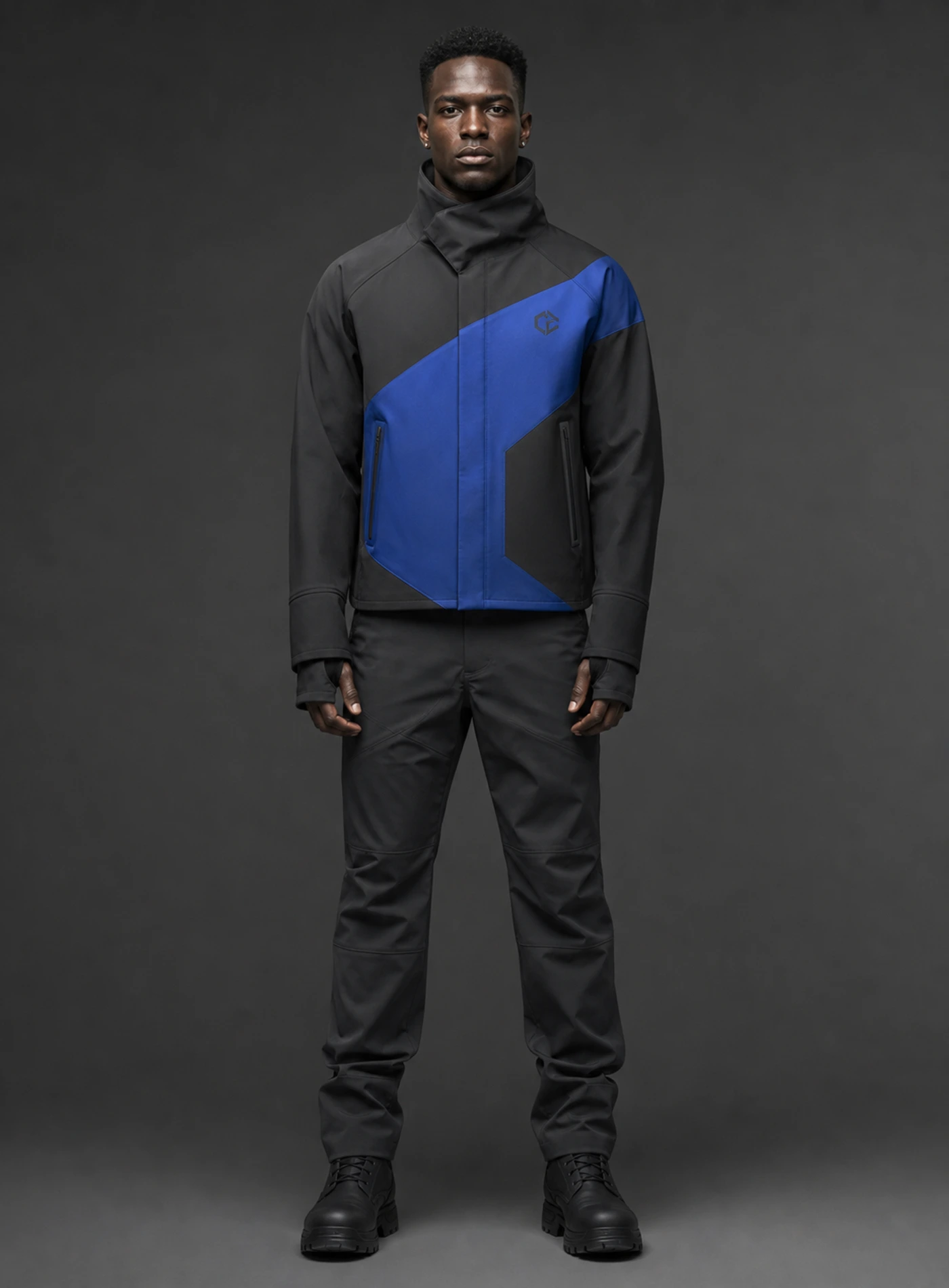 Arc Relay Jacket front view showing cobalt / graphite Clothixpack technical construction