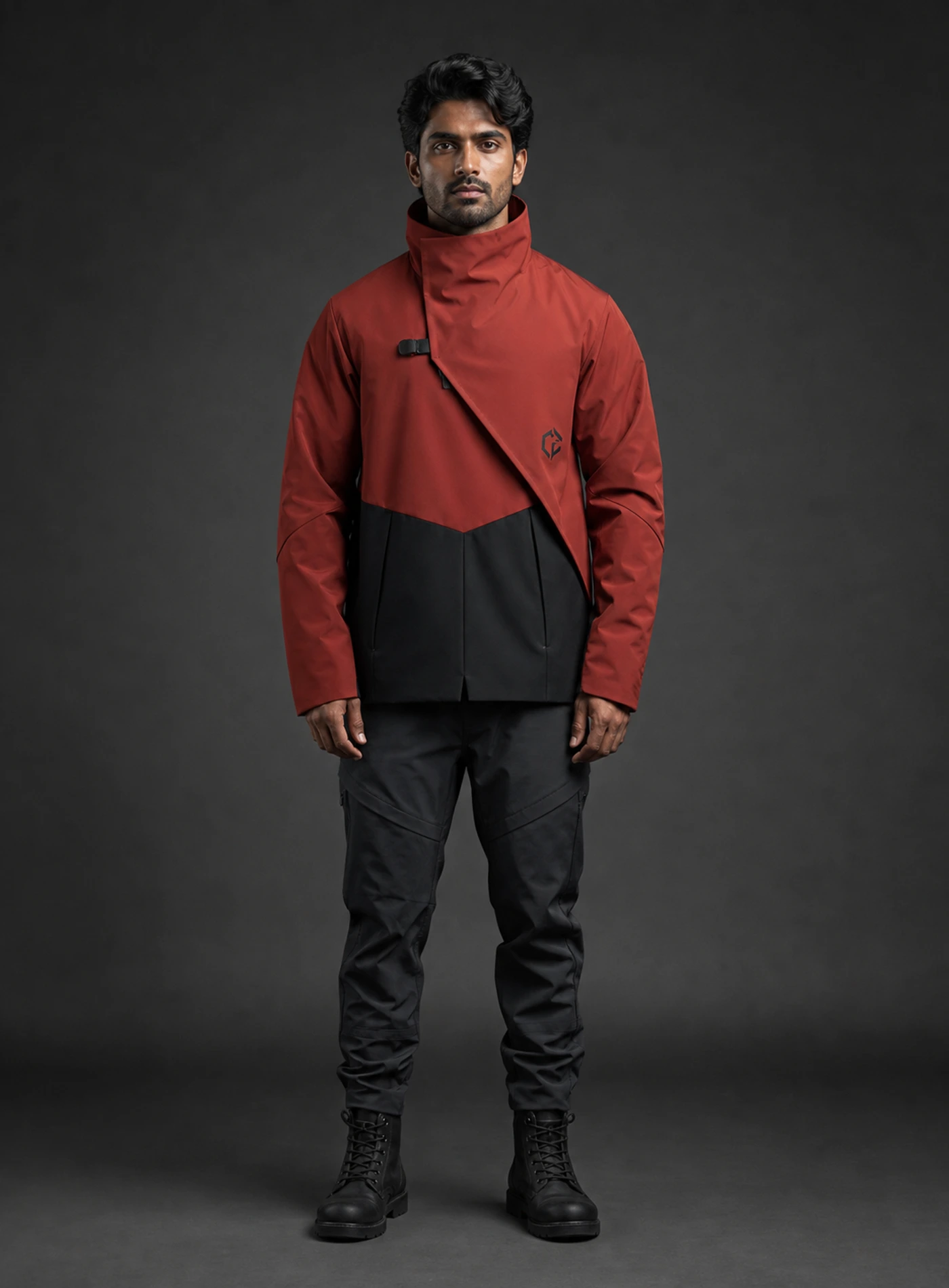 Signal Fold Jacket front view showing oxide red / black Clothixpack technical construction