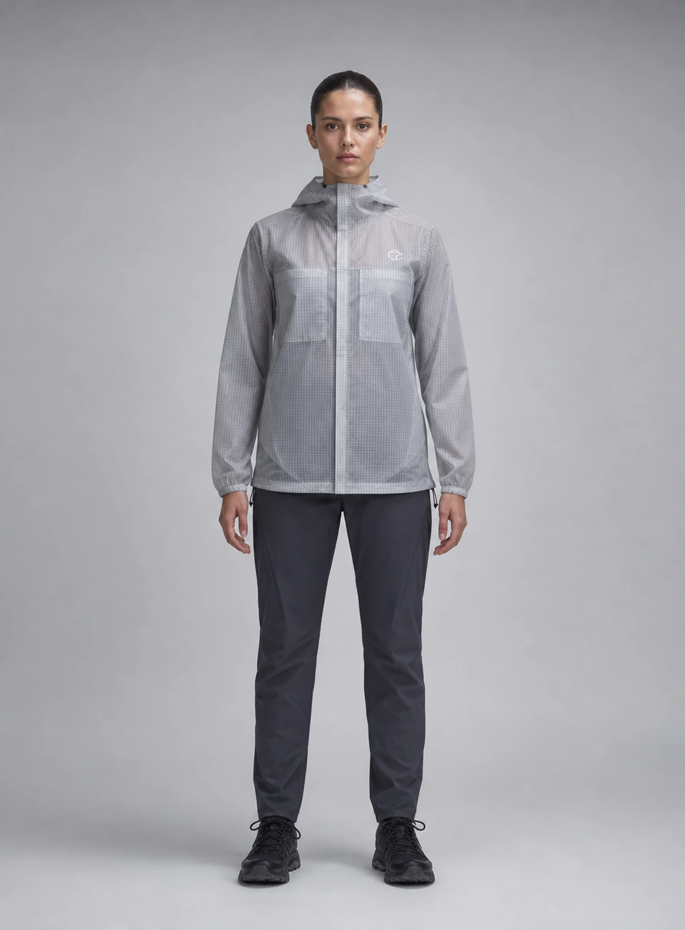 Nimbus Grid Jacket front view showing cloud grey Clothixpack technical construction
