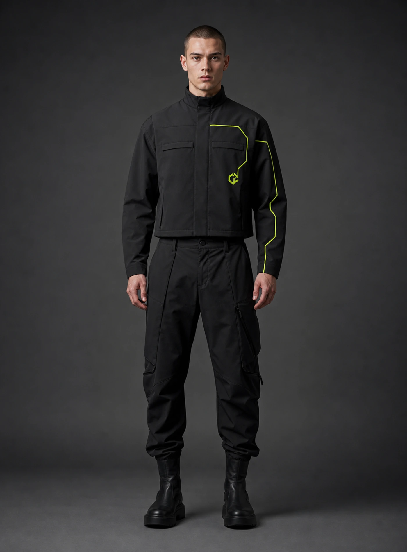 Circuit Cropped Shell front view showing carbon / acid lime Clothixpack technical construction