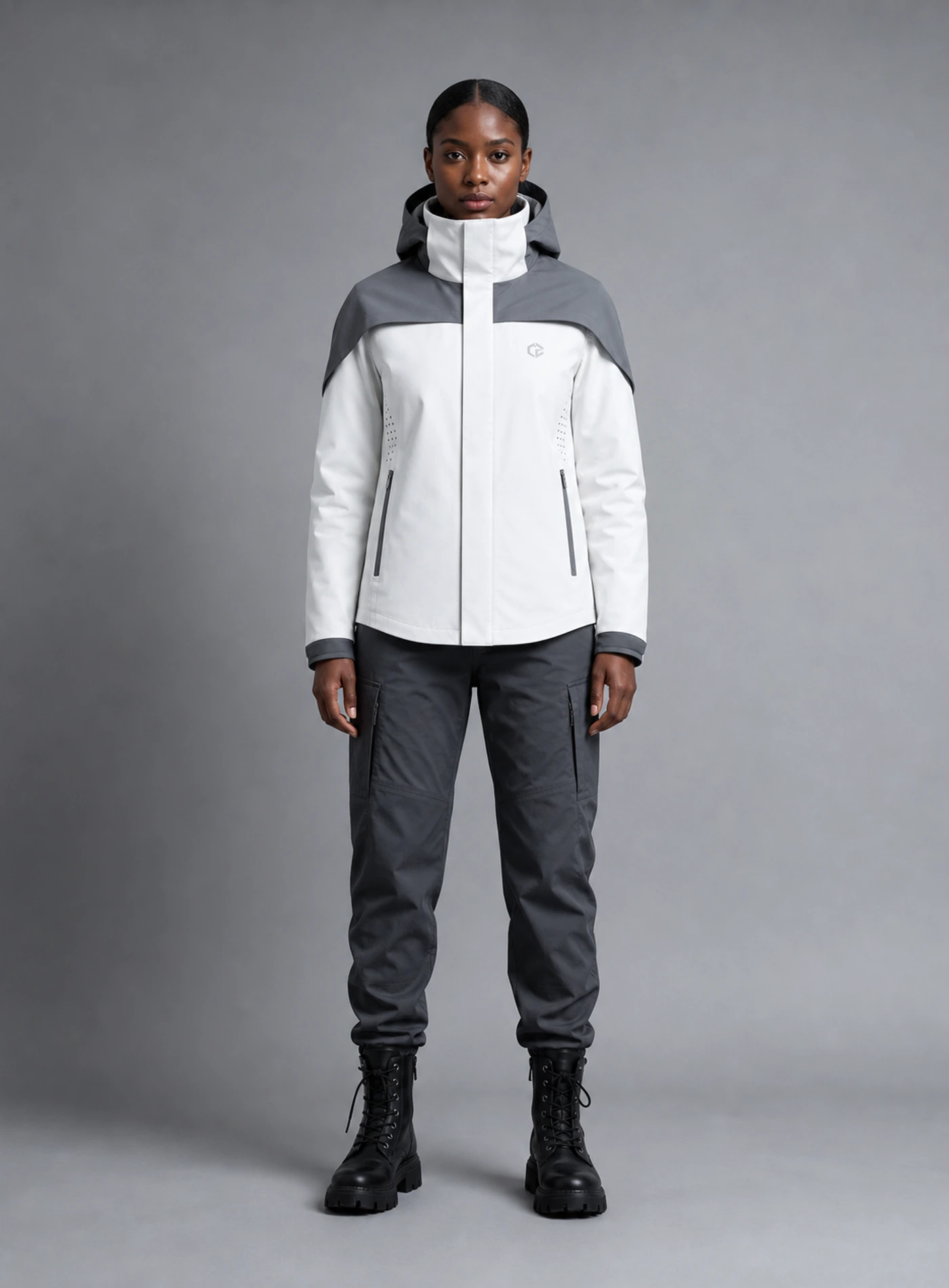 Zero Field Jacket front view showing frost white / graphite Clothixpack technical construction