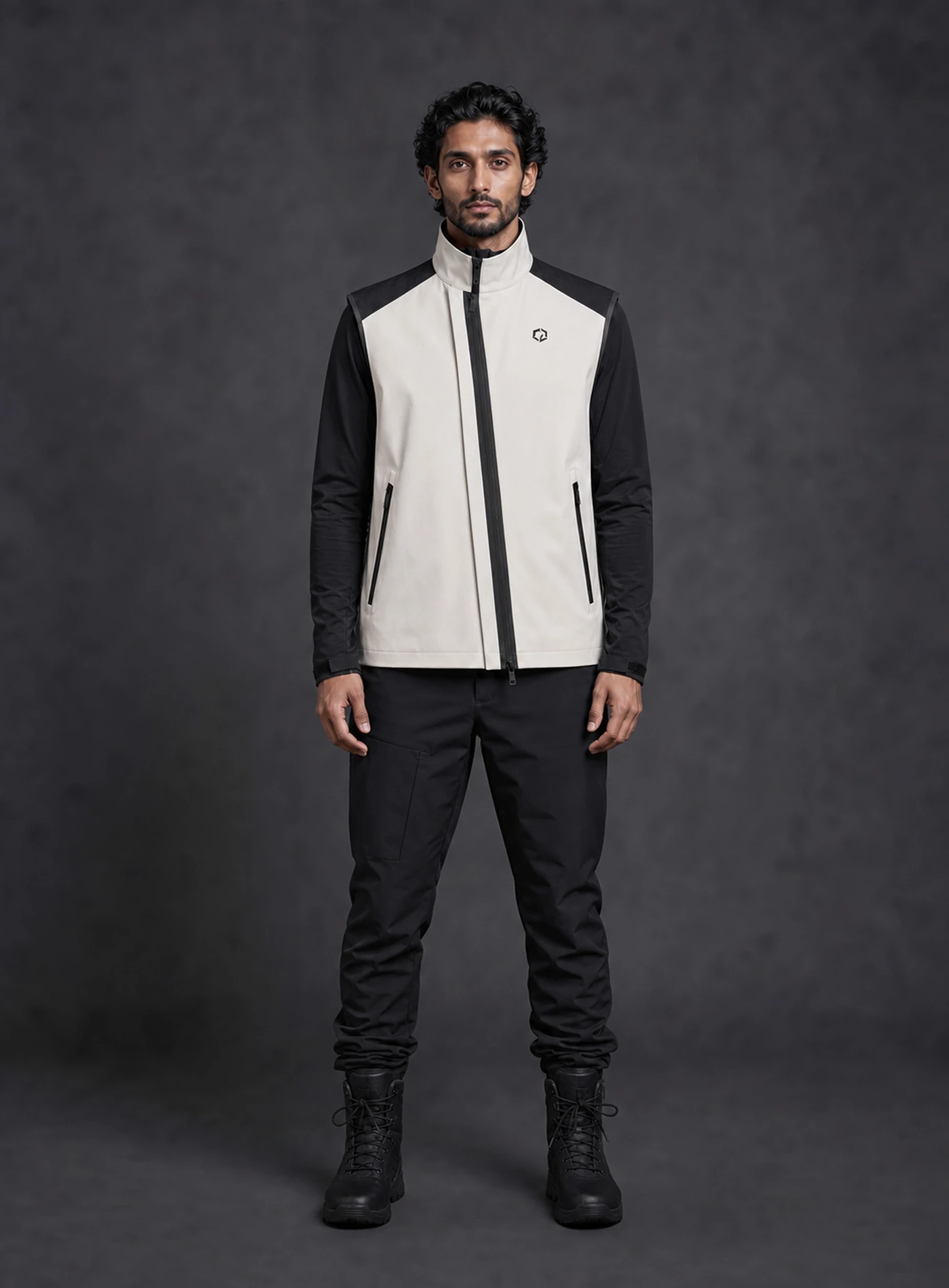 Bone Split Vest front view with its distinct Clothixpack campaign model