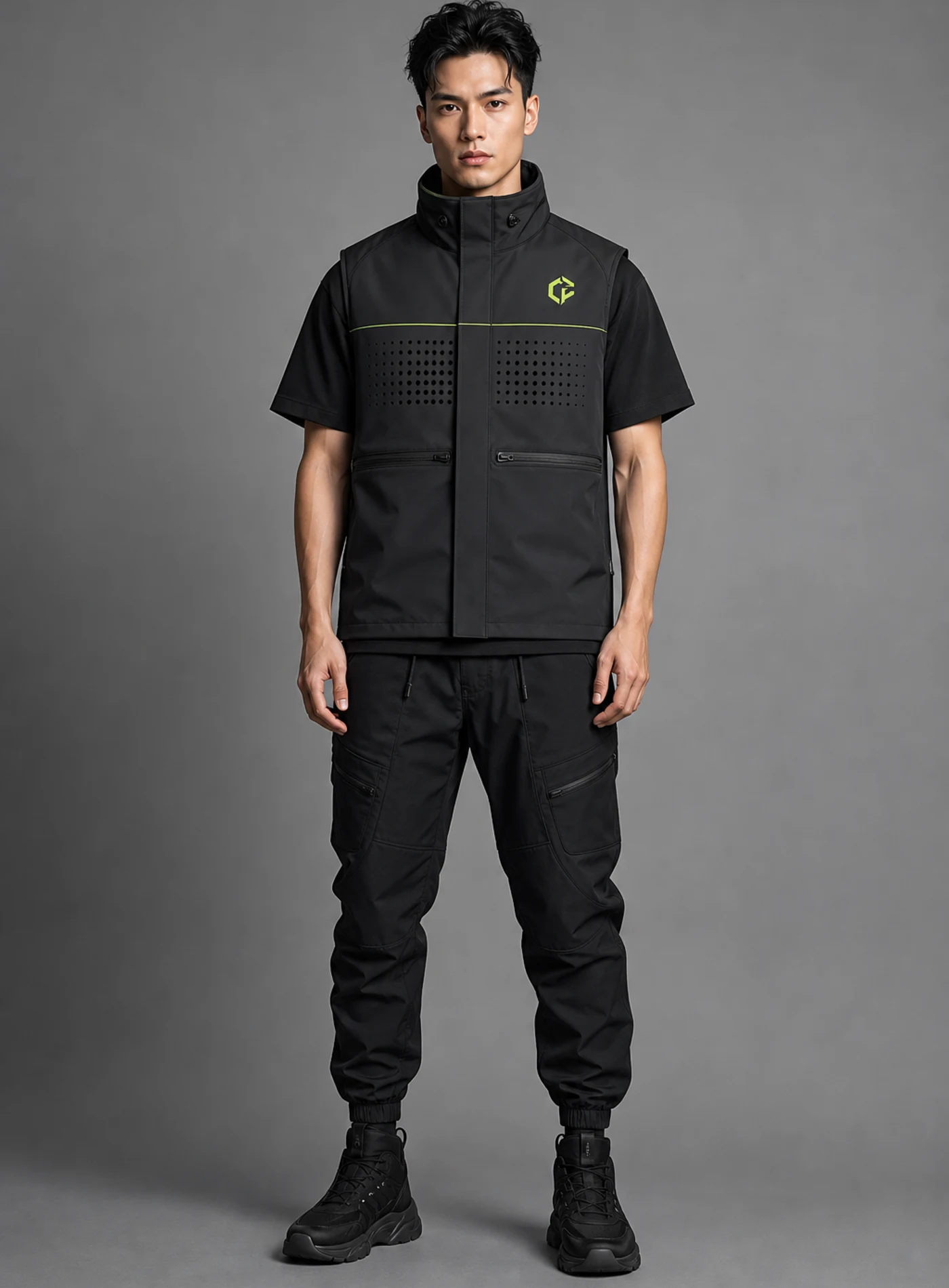Char Grid Vest front view - Clothixpack unique techwear vest product image