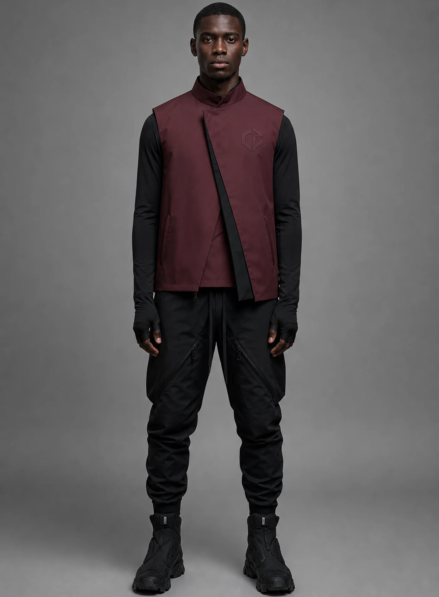 Oxblood Offset Vest front view - Clothixpack unique techwear vest product image